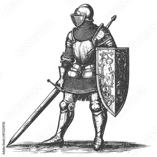 Valiant medieval knight in full plate armor, sword, and shield