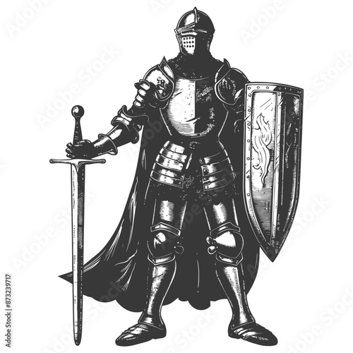 Valiant medieval knight in full plate armor, cloak, and heater shield with intricate engravings stands tall, ready to protect and defend with sword firmly in hand