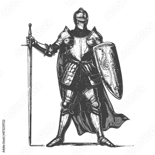 Valiant medieval knight in full plate armor, sword, and shield ready for battle