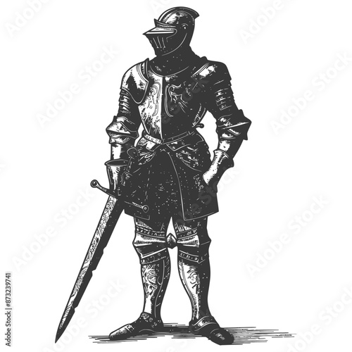 Valiant medieval knight in full plate armor with broadsword stands ready for battle