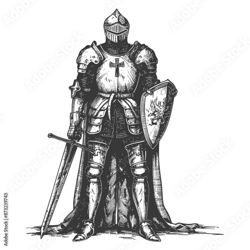 Valiant medieval knight in full plate armor with sword and shield