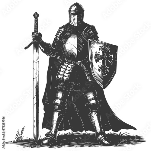 Valiant Crusader Carries Sword and Shield with Cross Symbol