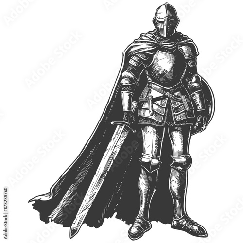 Valiant medieval knight in armor, cloak, and sword stands tall, ready for battle