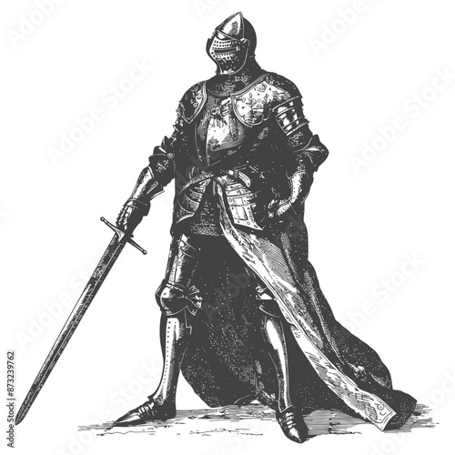 Medieval knight in full plate armor with sword and cape