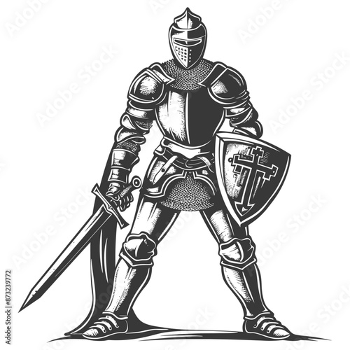 Crusader knight in full armor with sword and shield, ready for battle