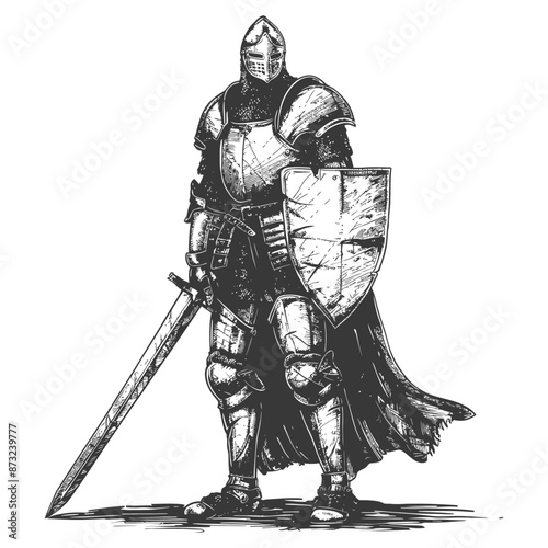 Valiant medieval knight in full armor, ready for battle, with sword and shield