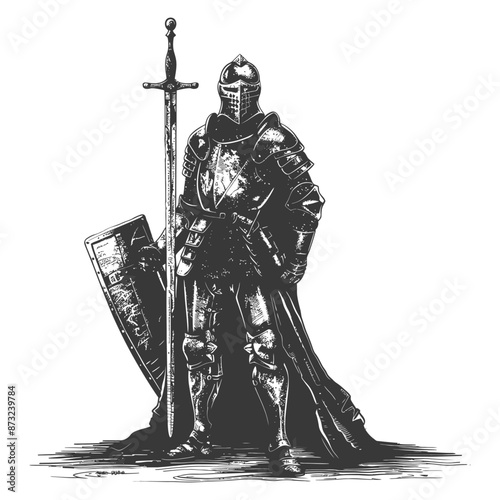 Knight in Detailed Armor with Sword and Shield Illustration