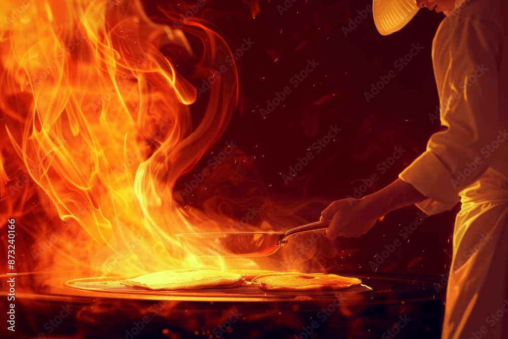 A chef expertly flips pancakes on a hot griddle, creating a stunning motion blur effect. The sizzling pancakes are perfectly cooked and ready to be served.