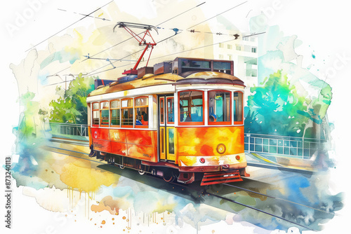 A watercolor illustration of a vintage tram. Children's Book Illustration