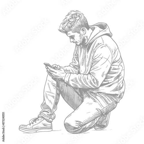 Illustration of a young man absorbed in his mobile phone
