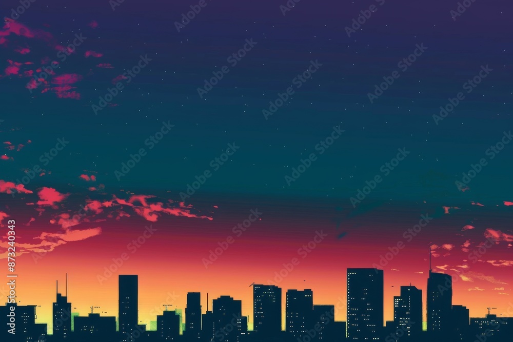 A stunning cityscape at twilight, with buildings silhouetted against a kaleidoscope of colors in the sky. The illustration captures the essence of urban beauty at dusk. A stunning cityscape at twilight, with buildings silhouetted against a kaleidoscope of colors in the sky. The illustration captures the essence of urban beauty at dusk.