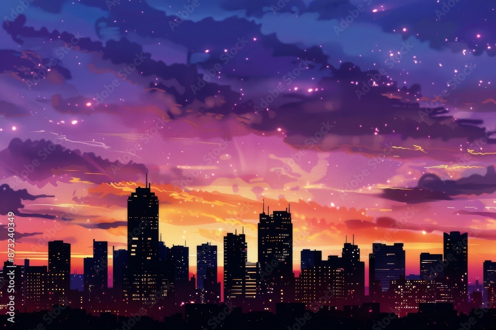 A vibrant illustration of a city's twilight hour, with buildings' silhouettes against a kaleidoscope of colors in the sky. The urban landscape is bathed in a warm, golden light. A vibrant illustration of a city's twilight hour, with buildings' silhouettes against a kaleidoscope of colors in the sky. The urban landscape is bathed in a warm, golden light.