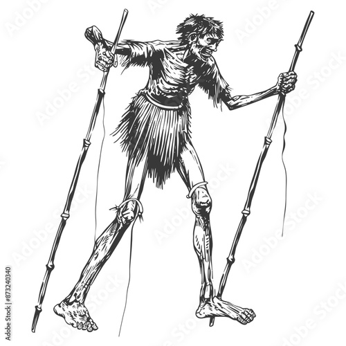 Monstrous creature with elongated legs walking on bamboo stilts