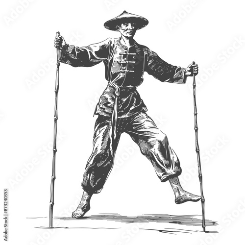 Illustration of a Chinese man balancing on bamboo poles