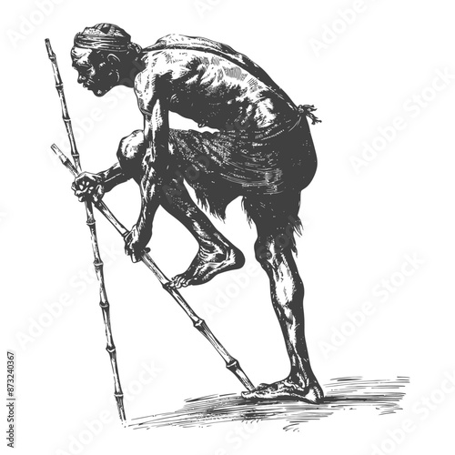Primitive man walking with the help of bamboo sticks