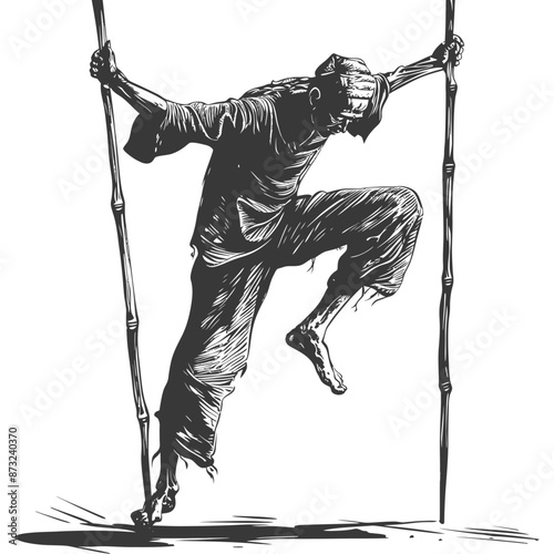 Man in Trance-Like State Balancing on Bamboo Poles