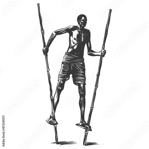 African man balancing on bamboo stilts