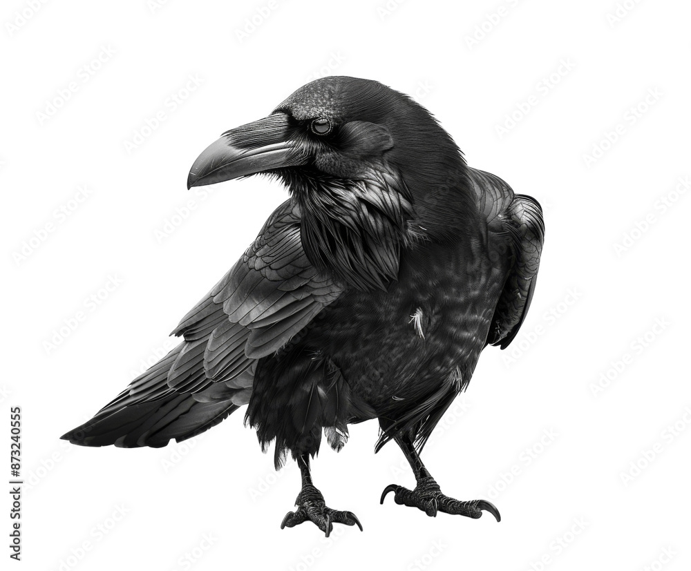 Fototapeta premium Black raven with detailed feathers, isolated on white.