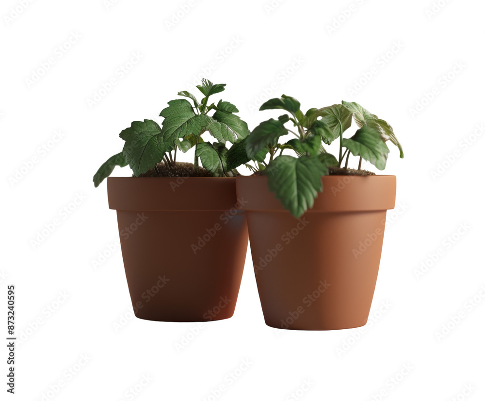 Clay pots with soil and small plant, isolated on white. Clay pots with soil and small plant, isolated on white.