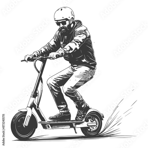 Bearded man riding an electric scooter