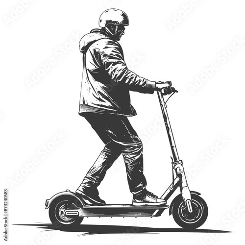 Commuter rides an electric scooter through the city