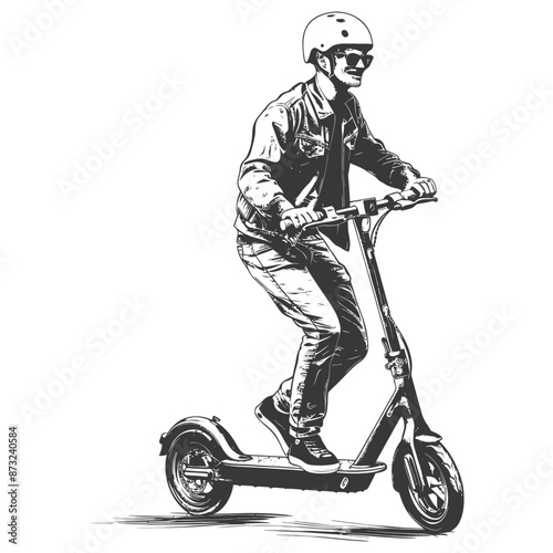 Illustration of a man riding an electric scooter in casual clothes with a helmet on