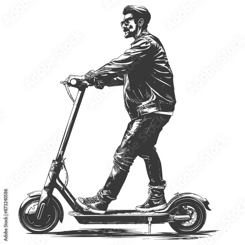 Stylish man riding an electric scooter in urban city street