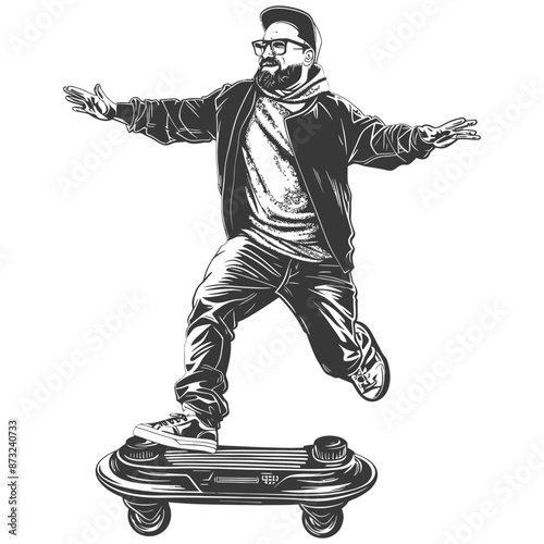 Bearded man in casual clothes rides futuristic hoverboard with arms outstretched