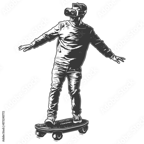 Youngster rides futuristic hoverboard wearing virtual reality headset