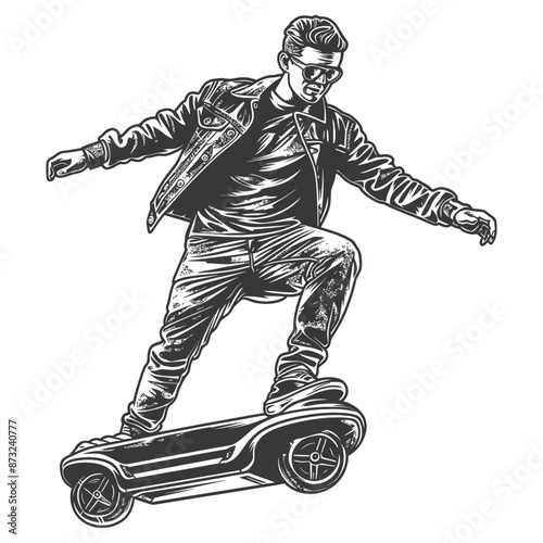 Stylish man rides futuristic electric skateboard