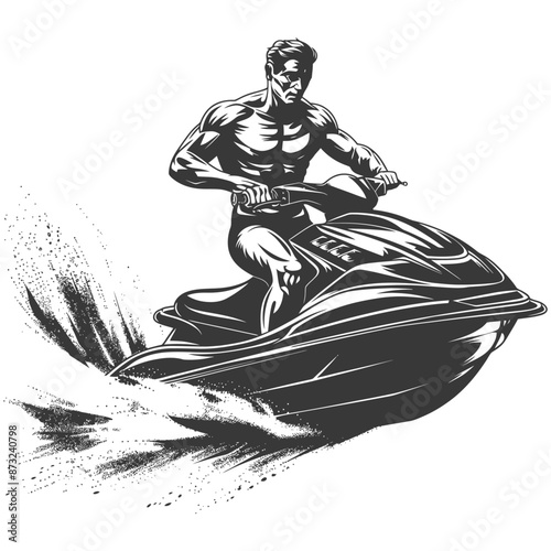 Muscular man riding a jet ski through splashing waves