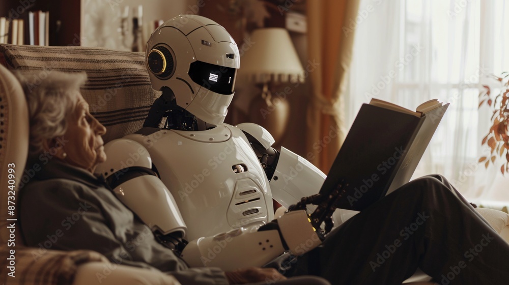 A white glossy robot with a gentle expression reading a book to an elderly woman in a cozy living room A white glossy robot with a gentle expression reading a book to an elderly woman in a cozy living room
