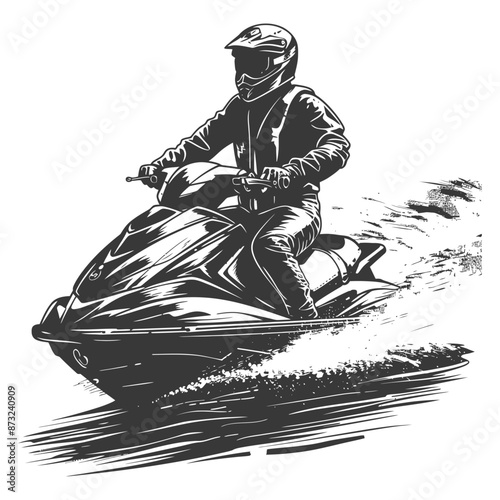 Monochrome Illustration of a Person Riding a Jet Ski on Water