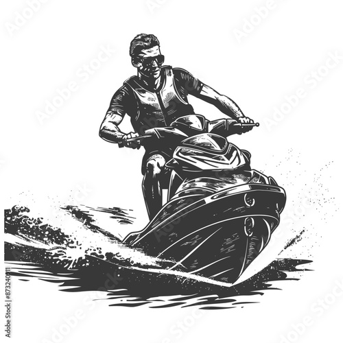 Black and white illustration of a man riding a jet ski across the water.