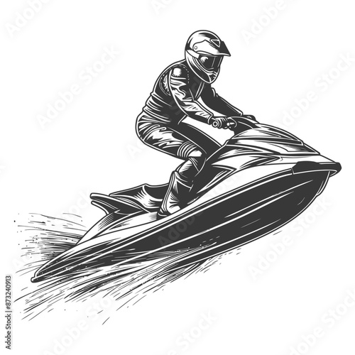 Black and white illustration of a man riding a jet ski