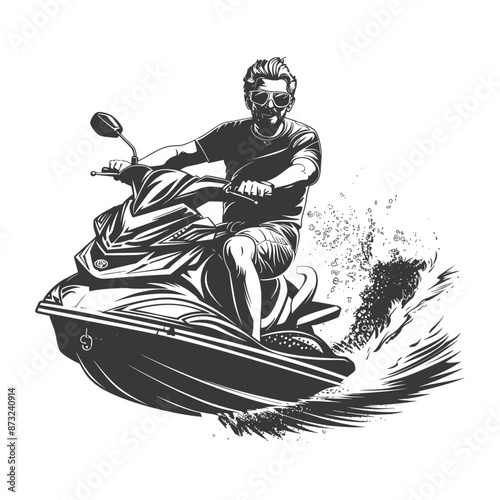 Stylish man riding a jet ski through splashing waves