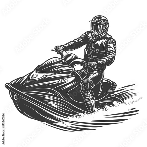 Black and white illustration of a man riding a personal watercraft