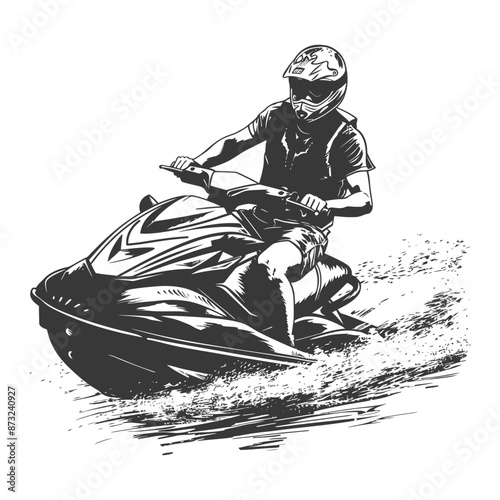 Monochrome illustration of a man riding a jet ski across the water