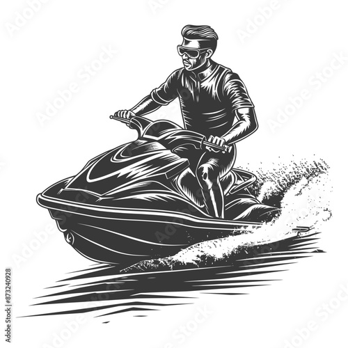 Stylish man rides a modern jet ski across the waves