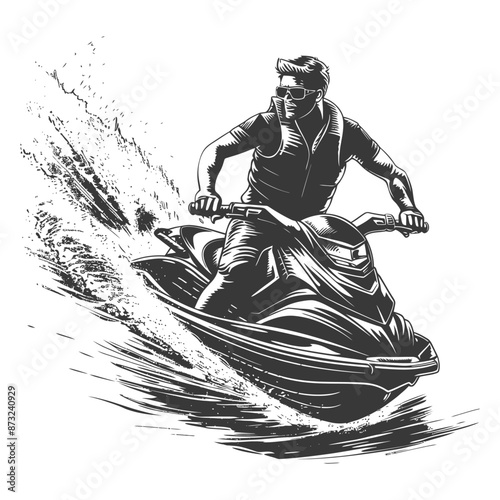 Black and white illustration of a man riding a jet ski through splashing waves
