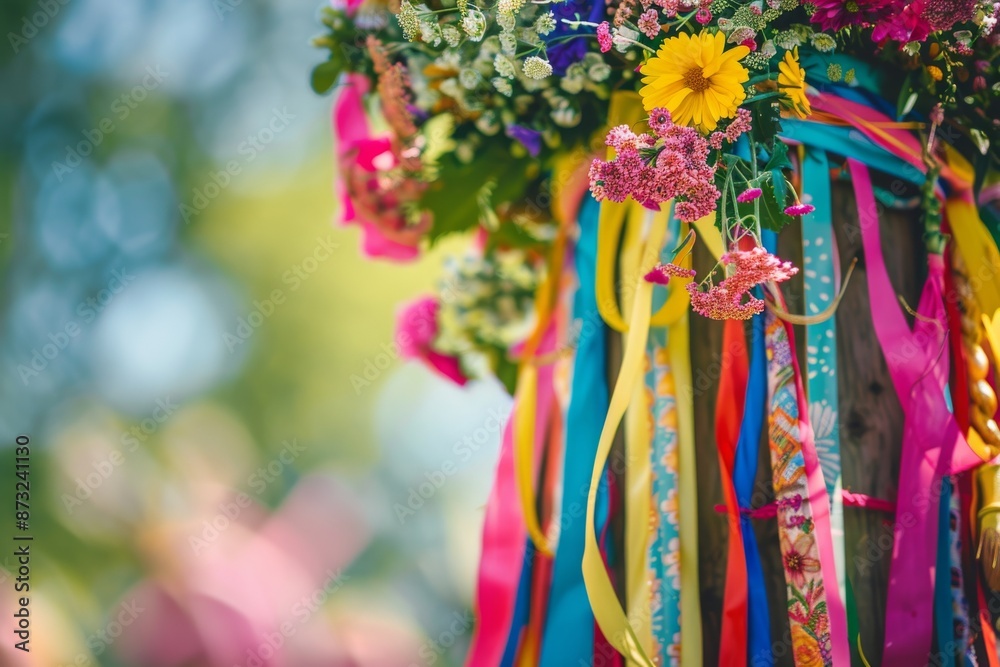 A stunning close-up of a midsummer maypole, adorned with an array of colorful ribbons and fresh flowers. The intricate details of the decorations shine in the light. A stunning close-up of a midsummer maypole, adorned with an array of colorful ribbons and fresh flowers. The intricate details of the decorations shine in the light.