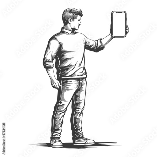 Illustration of a man holding a smartphone in one hand and the other in his pants pocket