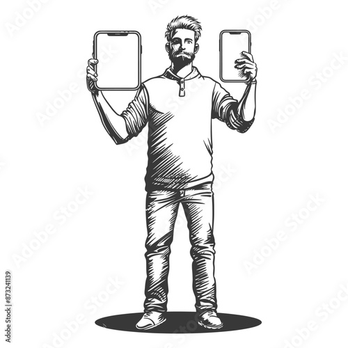 Illustration of a Man Holding a Tablet and a Smartphone