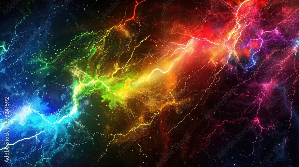 Abstract art of rainbow-colored lightning bolts on a dark background, symbolizing power, speed, and technological energy. Abstract art of rainbow-colored lightning bolts on a dark background, symbolizing power, speed, and technological energy.