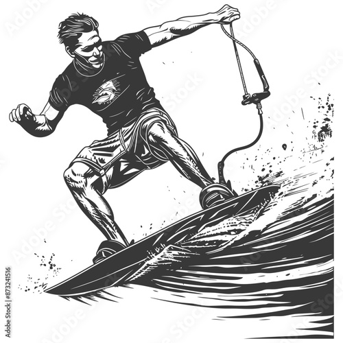 Wakeboarding through the waves, a man enjoys the thrill of the ride