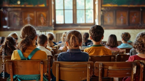 View of young students attending school