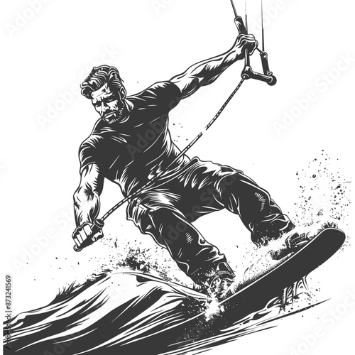 Wakeboarding man holding onto a rope while riding a wakeboard on water waves