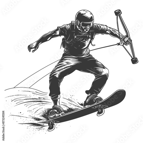 Snowboarder holding onto a rope being pulled by a kite while jumping above a snowy mountain peak