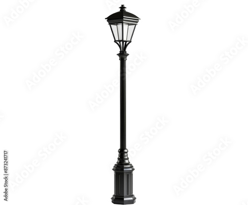 Black street lamp post on white background..