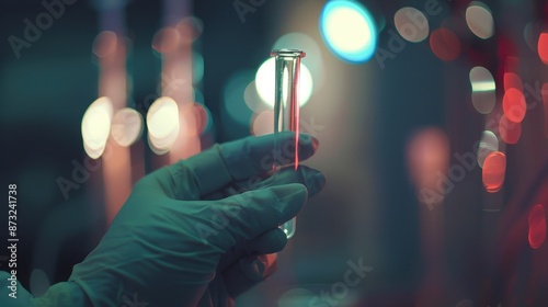 Hand in sterilized glove holding a test tube, blurry lab background, low light, illustration background